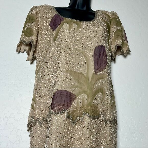 Lawrence Kazar Beaded Silk Dress Ivory Lavender Floral Scallop Short Sleeve 8 P - Picture 3 of 15